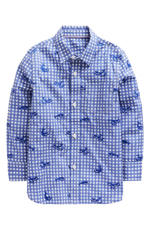 Mini Boden Kids' Check Whale Embroidered Cotton Button-Up Shirt in Sapphire Blue Whale Embroidery 