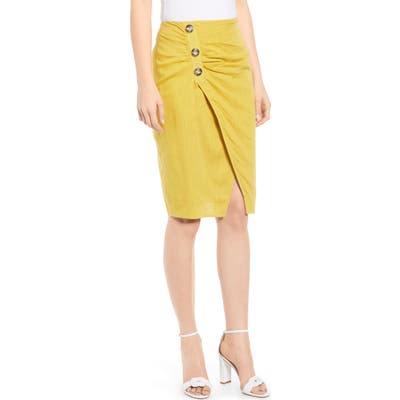 J.o.a. Side Button Cotton & Linen Midi Skirt, Yellow