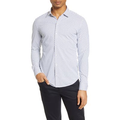 Boss Robbie Slim Fit Medallion Print Button-Up Performance Shirt, Blue