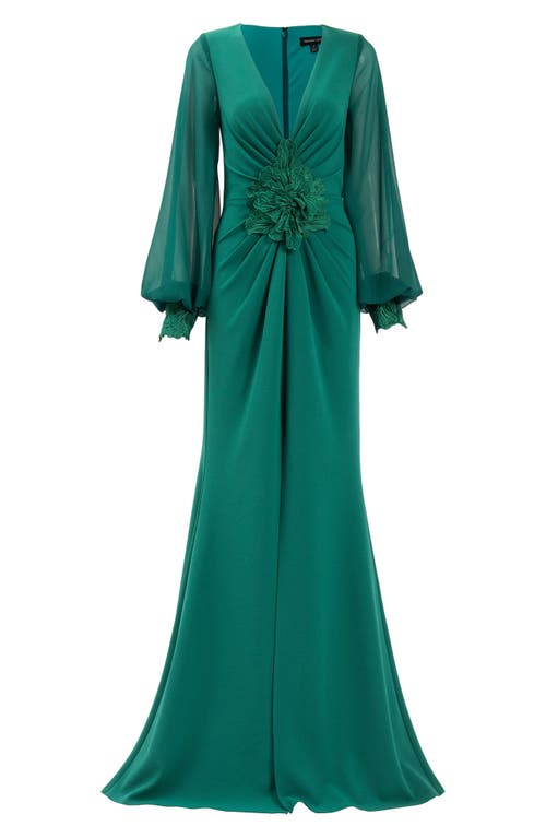 Shop Tadashi Shoji Floral Detail Long Sleeve Crepe Chiffon Gown In Emerald