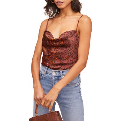 Astr The Label Darla Animal Print Satin Cowl Neck Camisole, Brown