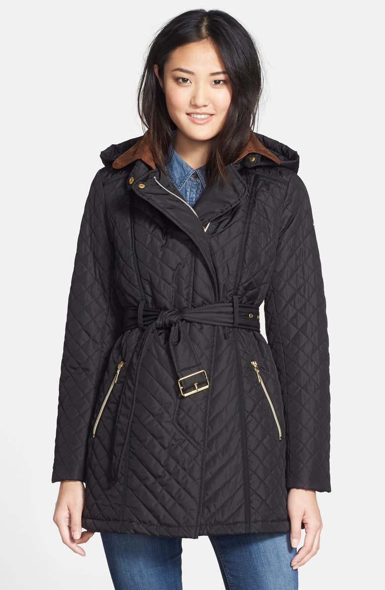 kensie Belted Quilted Coat with Detachable Hood | Nordstrom