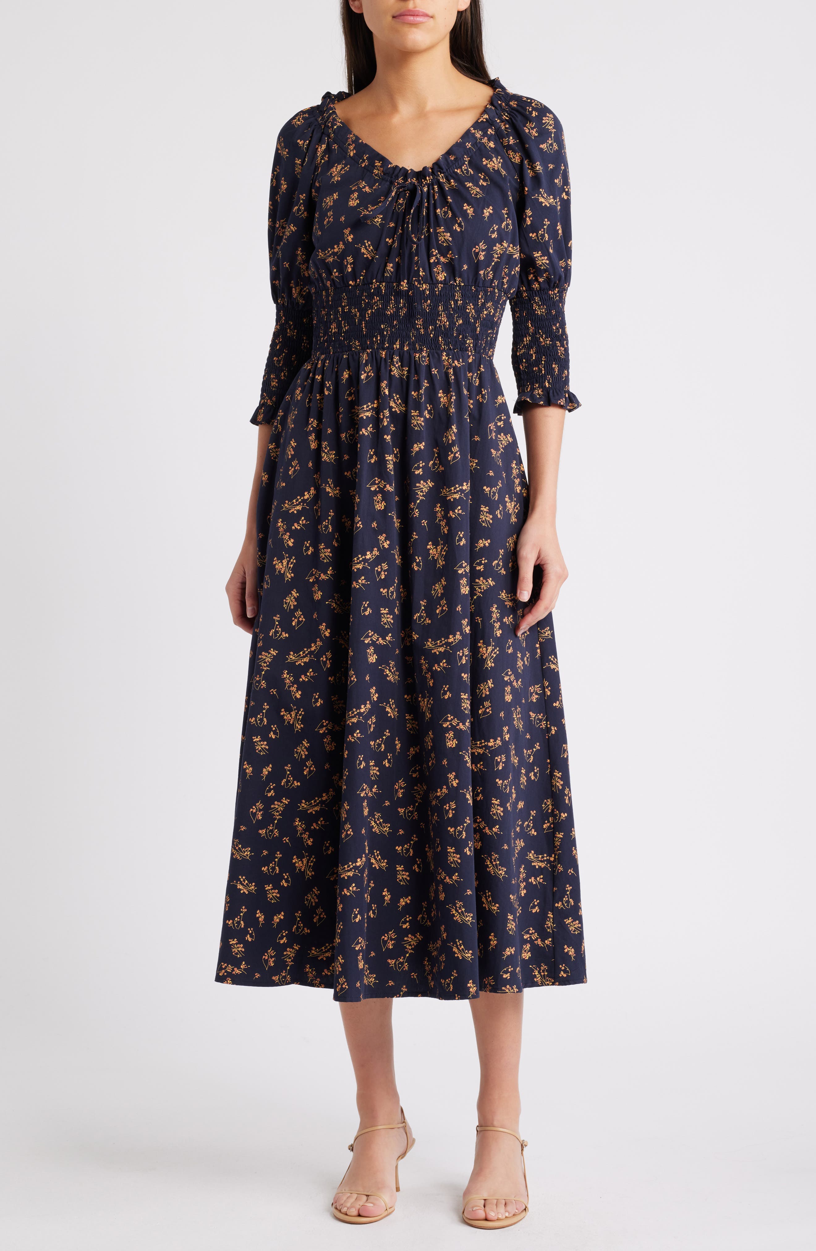 MELLODAY Floral Smocked Midi Dress in Black Yellow Print 