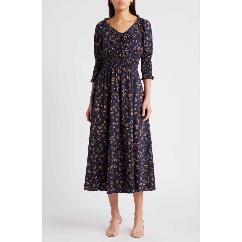 MELLODAY Floral Smocked Midi Dress in Black Yellow Print