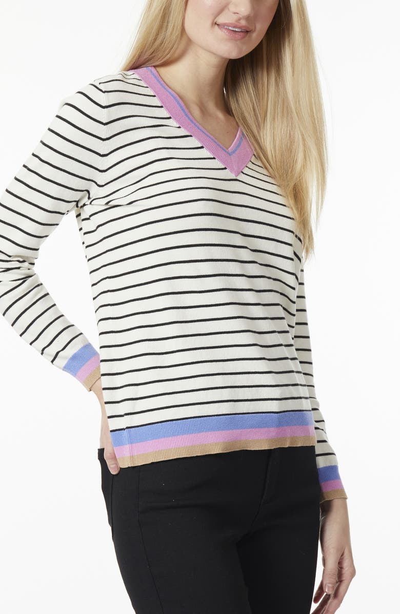Jones New York Stripe Relaxed Fit V-Neck Sweater, Alternate, color, 