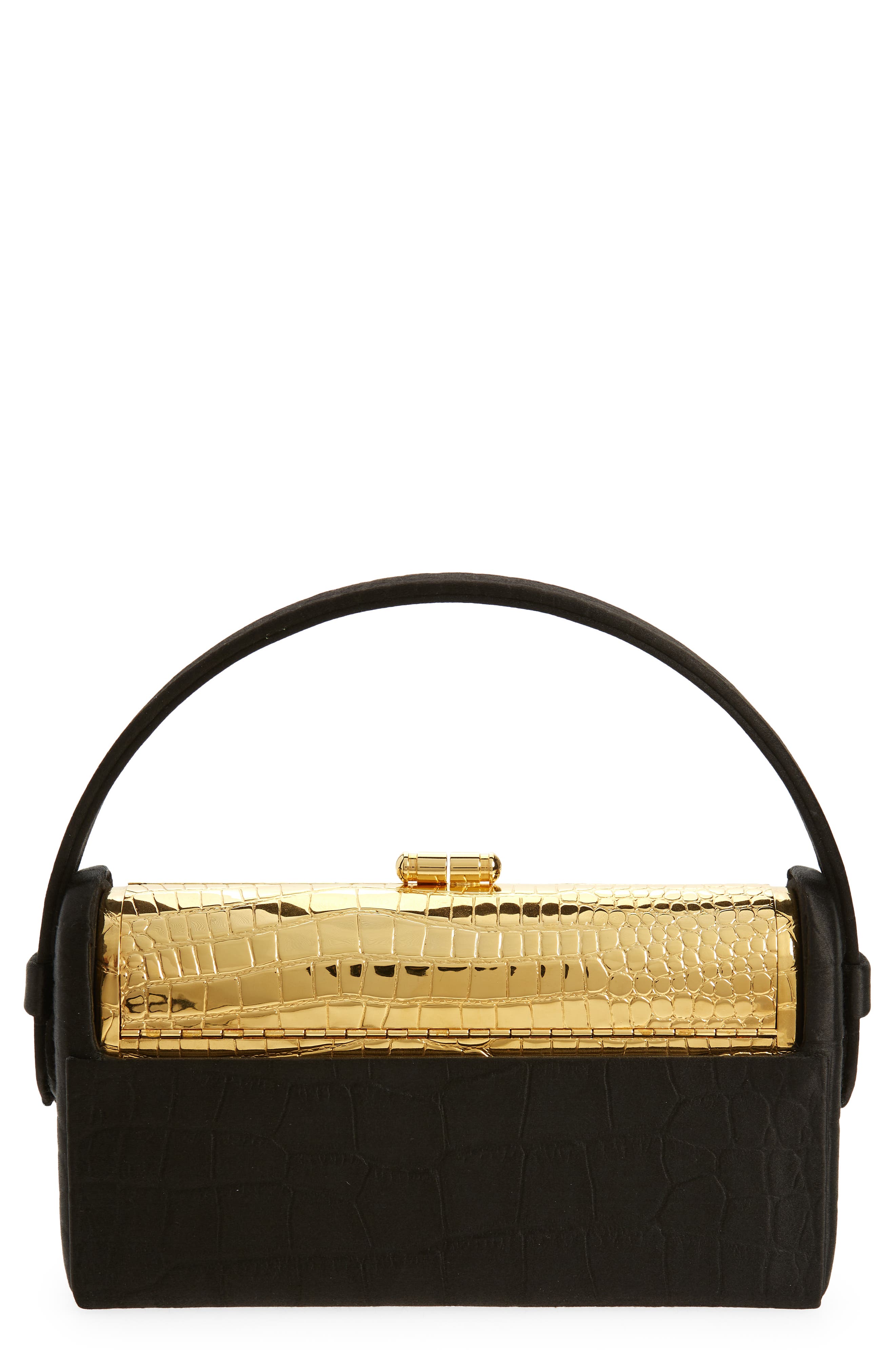 Bienen Davis x Aureta Regine Minaudiere Top Handle Bag in Black Croc Satin/Gold Croc