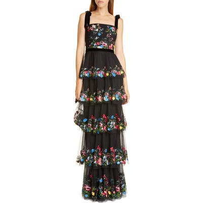 Marchesa Notte Floral Embroidered Tiered Tulle Gown, Black