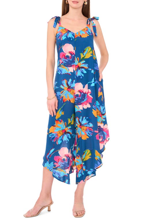 Shop Vince Camuto Floral Tie Shoulder Wide Leg Crop Jumpsuit In Classic Navy