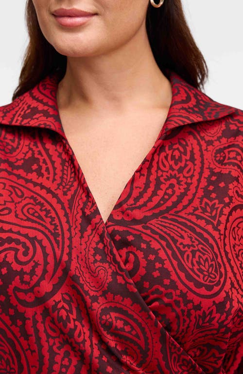 Shop Foxcroft Salina Paisley Print Cotton Blend Wrap Shirt In Black/red