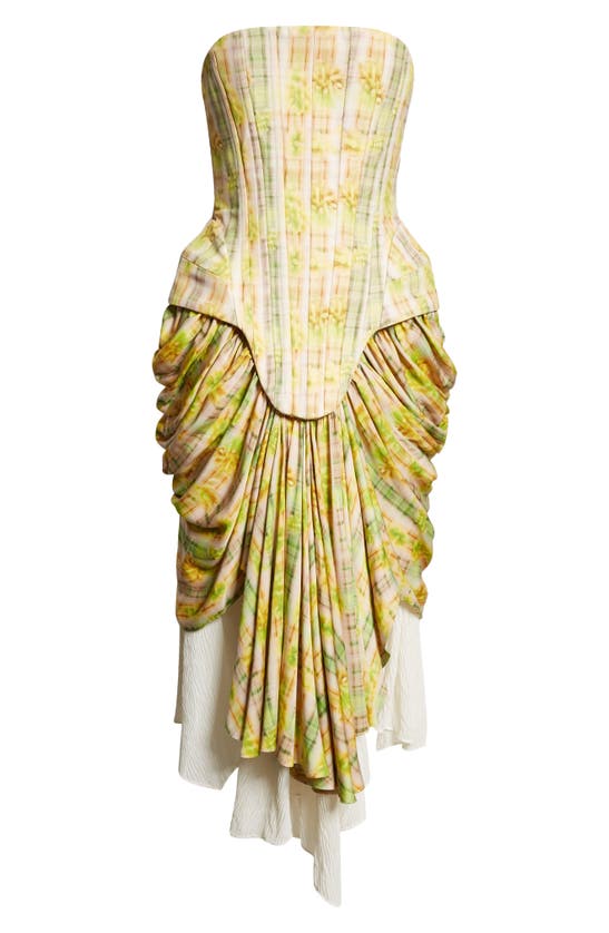 Shop Collina Strada Giva Plaid Strapless Corset Cocktail Dress In Yellow Boxer Plaid