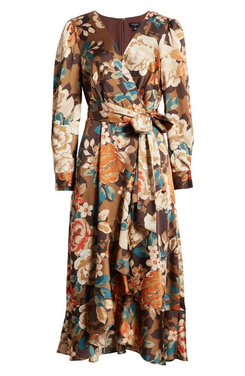 Shop Tahari Asl Floral Long Sleeve Satin Faux Wrap Midi Dress In Chocolate Taupe