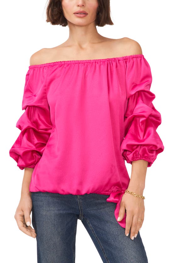 Vince Camuto Off The Shoulder Bubble Sleeve Satin Blouse In Pomegrante Pink