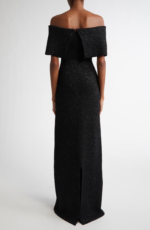 Lela Rose Sequin Off The Shoulder Knit Gown In Black