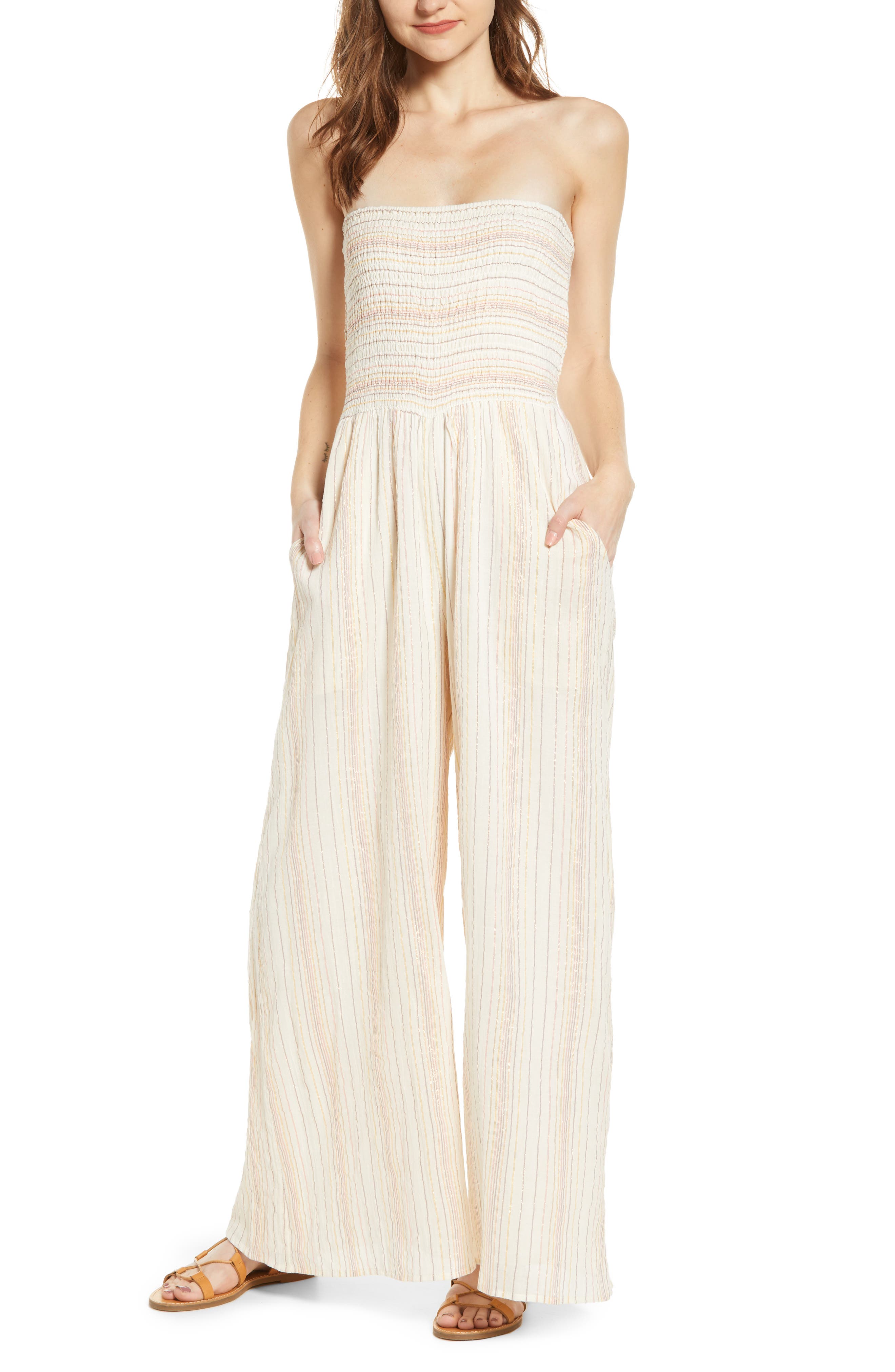 smocked strapless jumpsuit