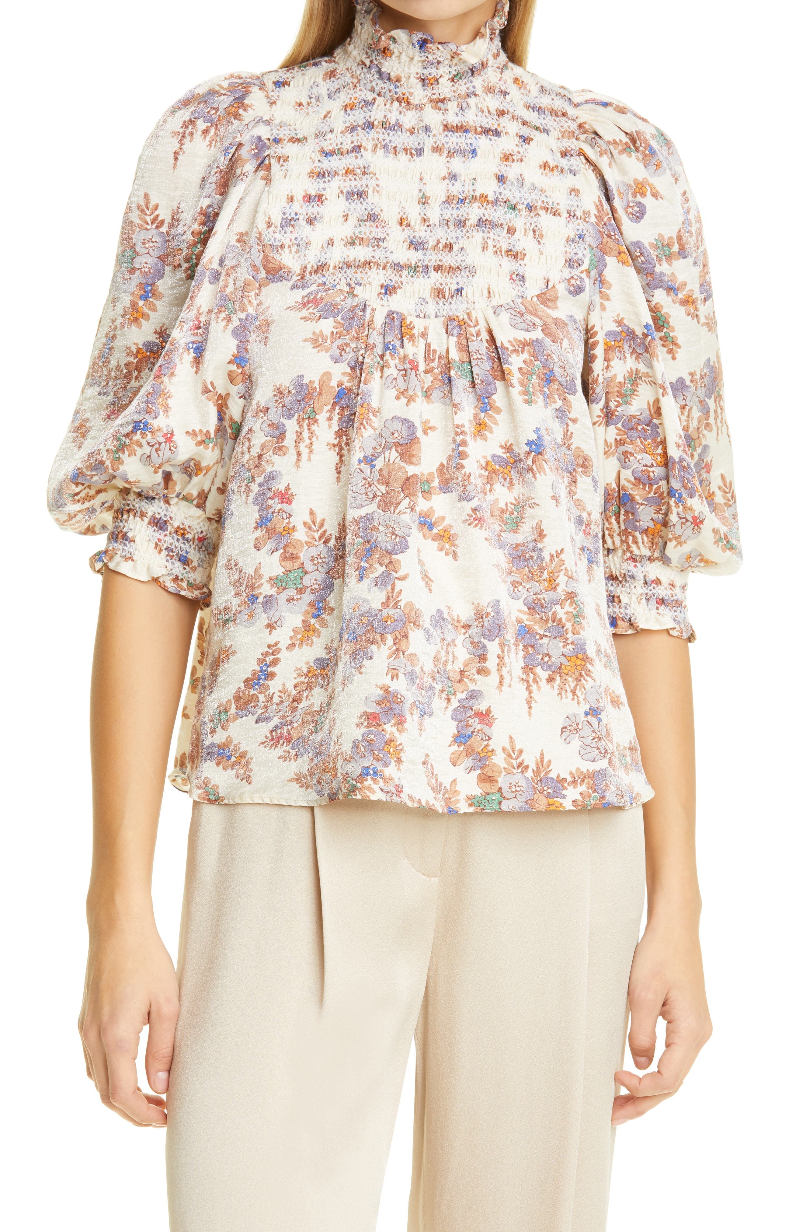 BYTIMO SMOCKED FLORAL PRINT TOP,7020507148831
