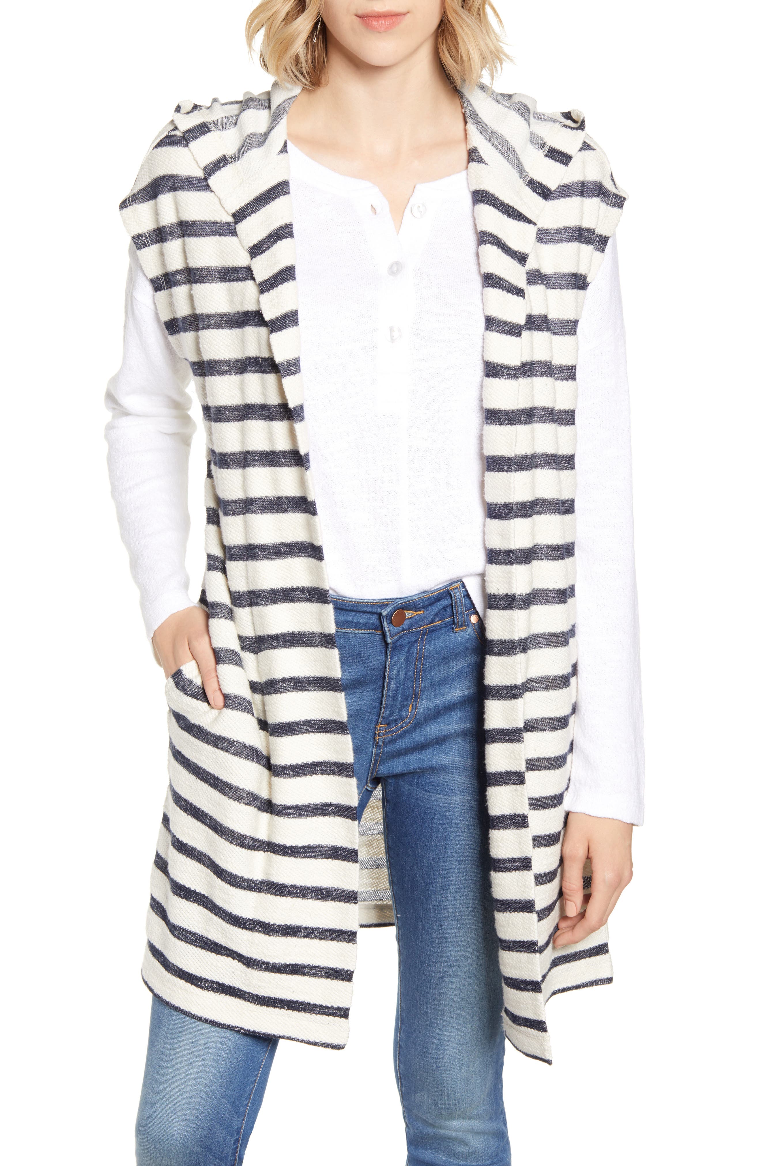 Lou & Grey Stripe Terry Hooded Cardigan, White