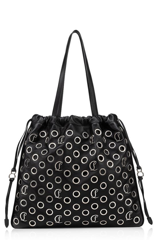 Shop Christian Louboutin Mouchara Grommets Leather Tote In Bk65 Black/ Silver