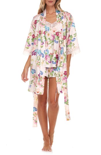FLORA NIKROOZ FLORA NIKROOZ SABRINA FLORAL PRINT SATIN SHORT PAJAMAS & ROBE SET 