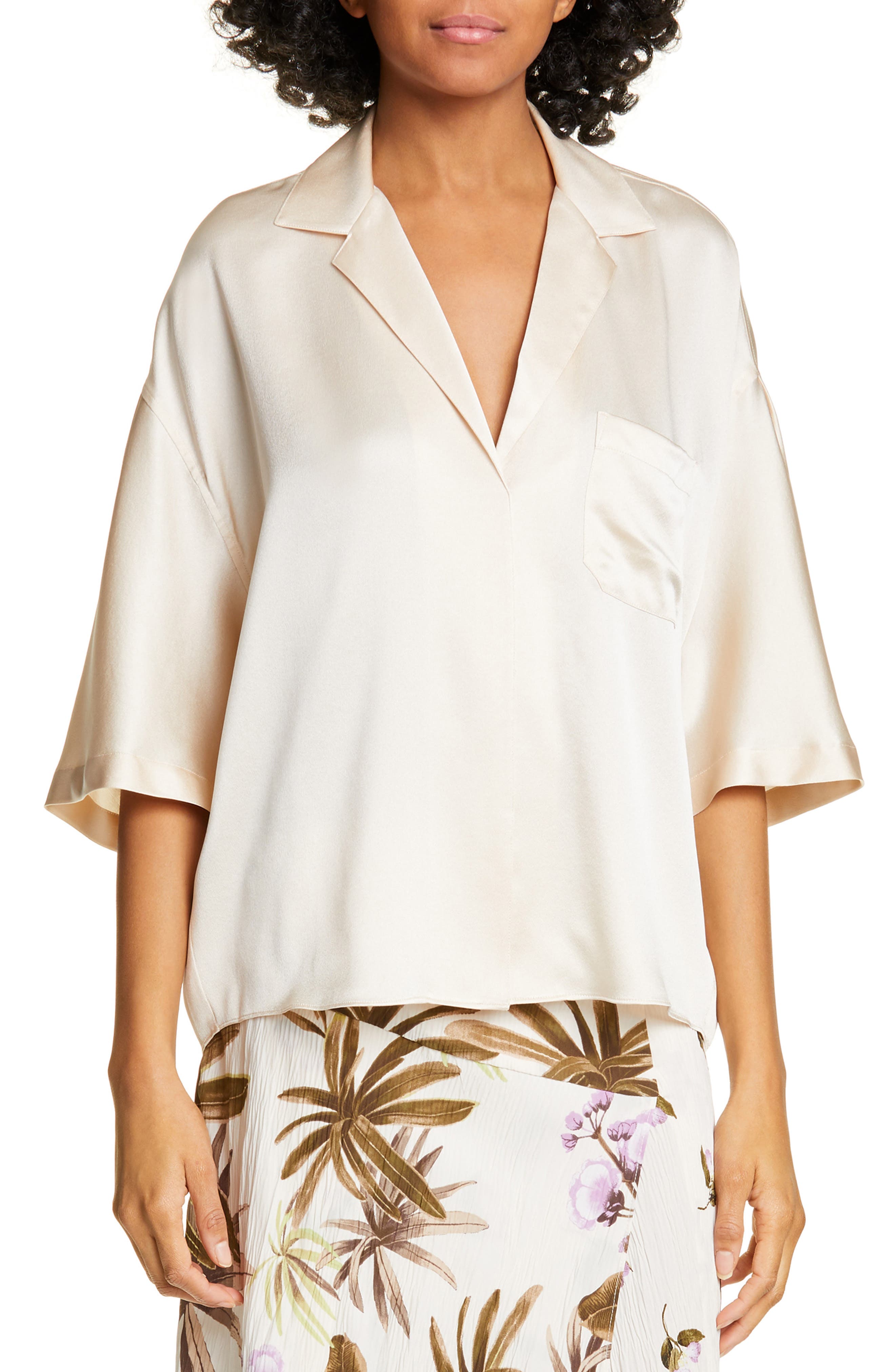 Vince Short Sleeve Silk Pajama Shirt, Beige