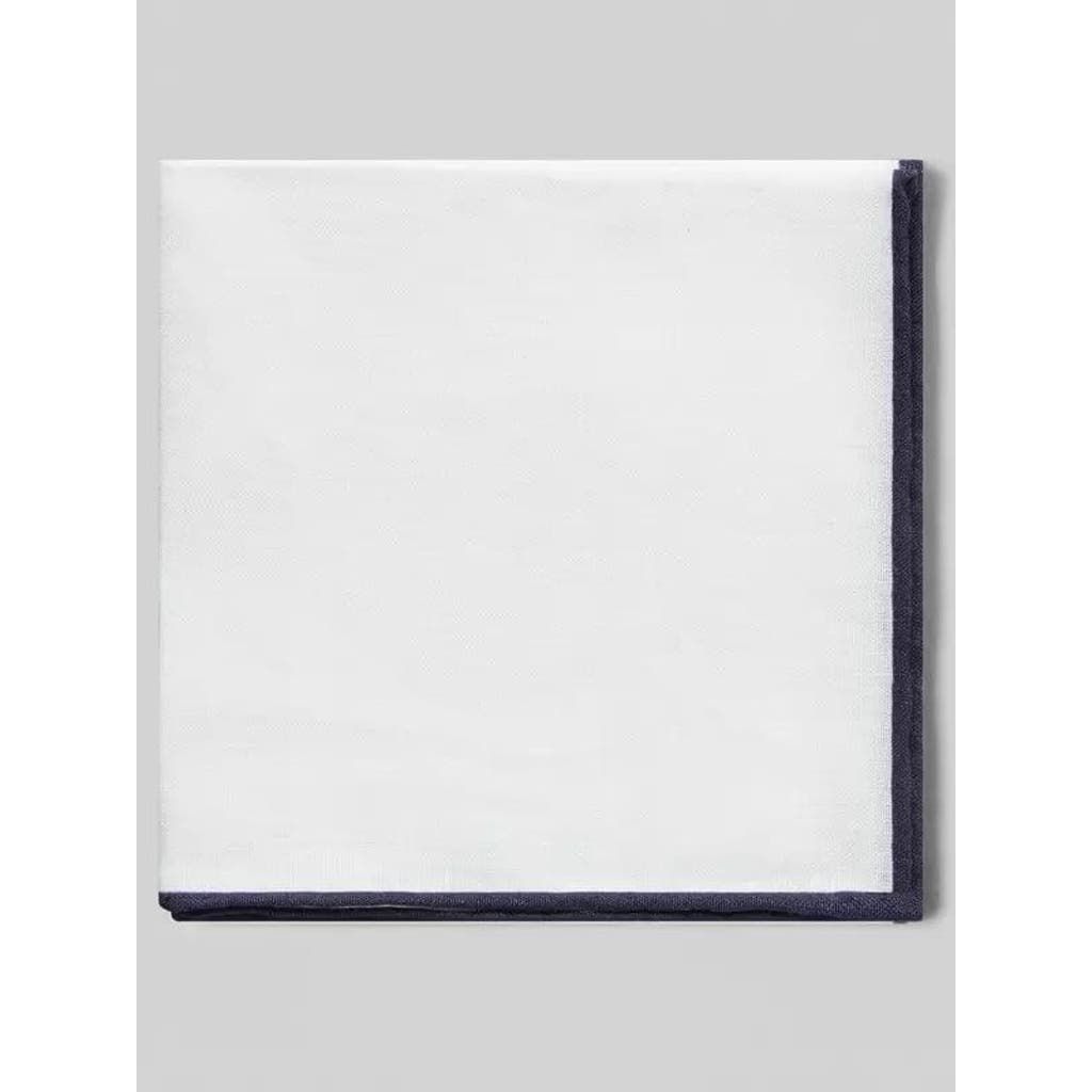 Robert Talbott Caine Linen Pocket Square In White/navy Border