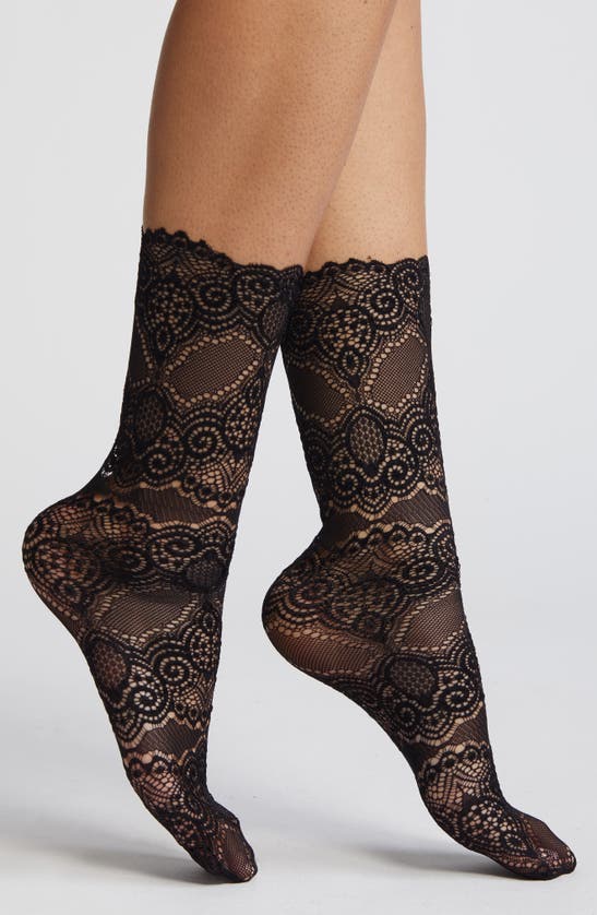 Shop High Heel Jungle Scalloped Lace Crew Socks In Black