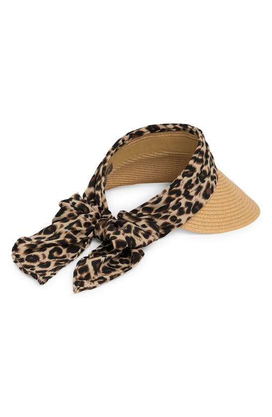 Vince Camuto Chiffon Tie Bow Straw Visor In Leopard