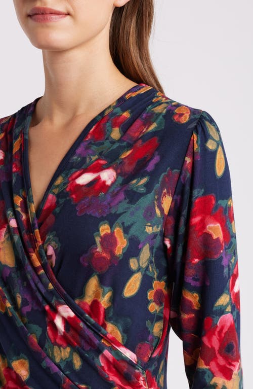 Shop Loveappella Floral Print Faux Tie Wrap Top In Blue Multi