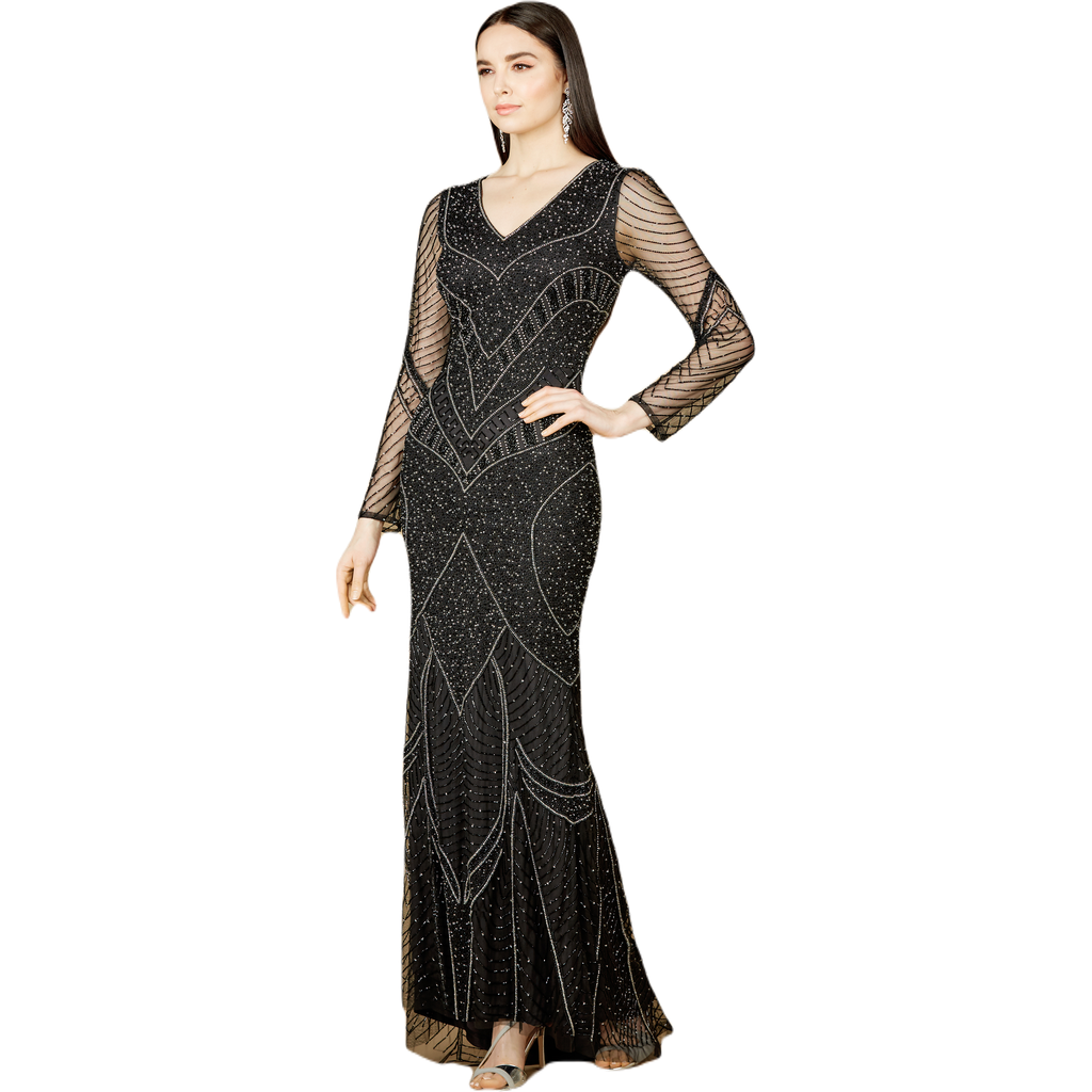 Lara New York Long Sleeve Beaded Dresses With Sheer Sleeves In Black
