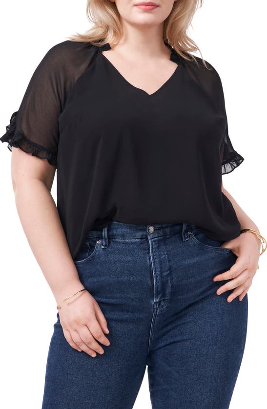 1.state Ruffle Sleeve Mixed Media Top In Rich Black | ModeSens