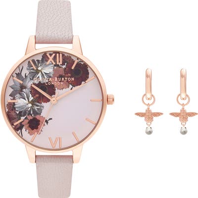 Olivia Burton English Garden Leather Strap Watch Set,