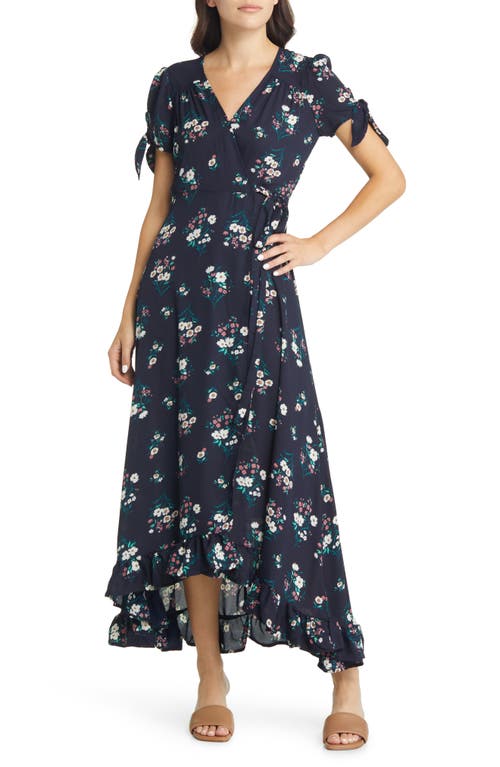 Chelsea28 Floral Tie Sleeve Wrap Maxi Dress in Navy Floral Stamp