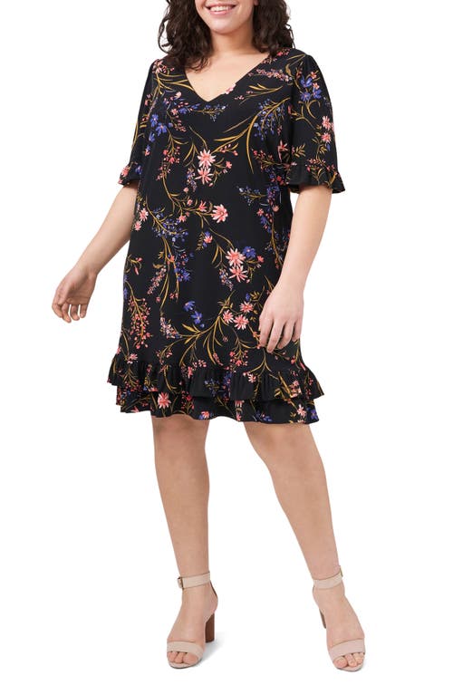 CeCe Garden Flora Ruffled Knit Dress Rich Black at Nordstrom,