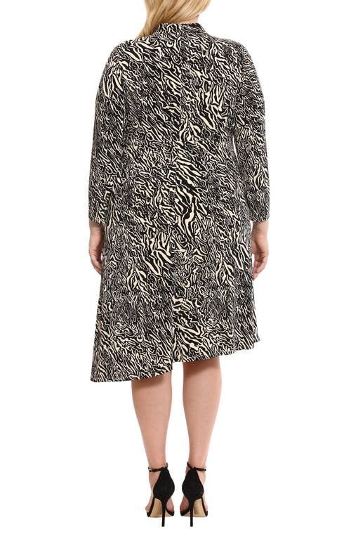 Maggy London Abstract Print Long Sleeve Asymmetric Hem Dress In Charcoal/cream