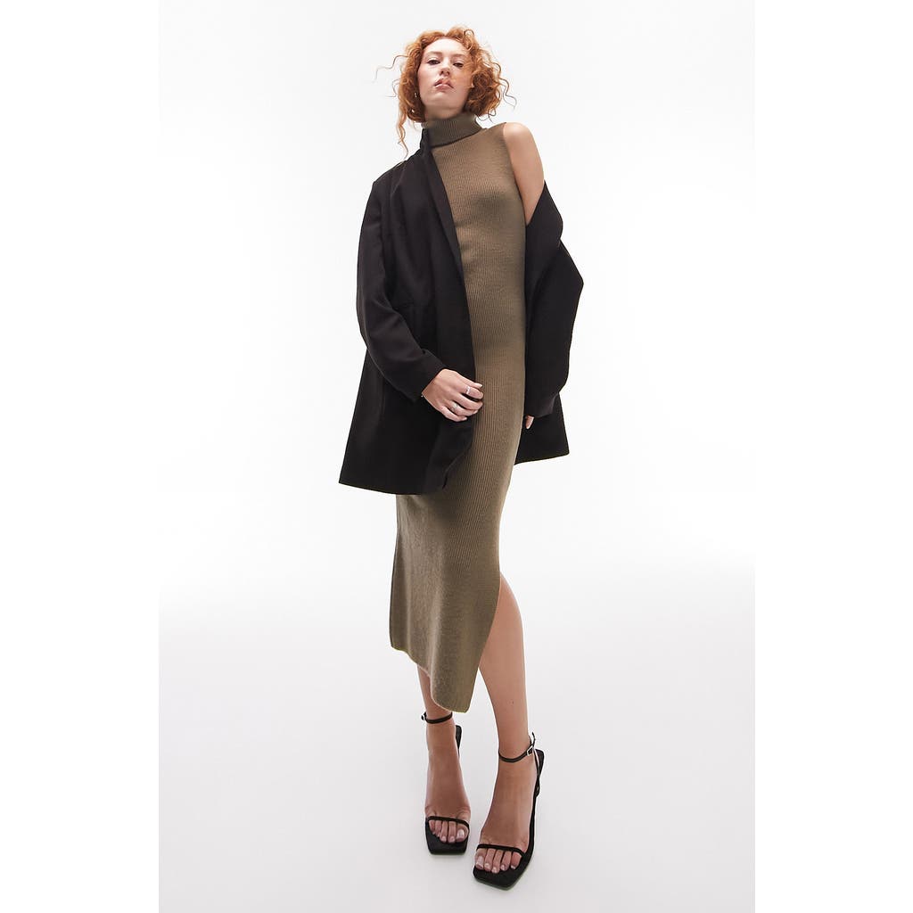 Topshop Ribbed Body-con Sweater Dress In Tan