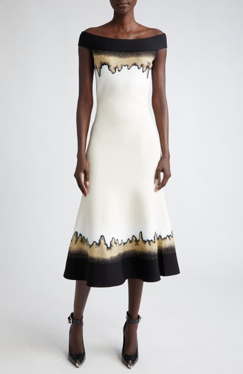 Alexander Mcqueen Off The Shoulder Jacquard Midi Sweater Dress In Ivory/black/gold