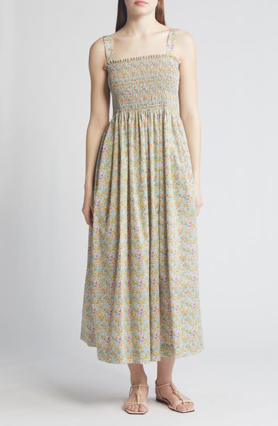 Shop Liberty London Voyage Floral Smocked Maxi Sundress In Green Multi