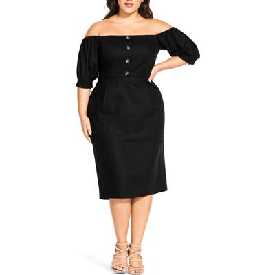Plus Size City Chic Bubble Sleeve Off The Shoulder Dress, Black