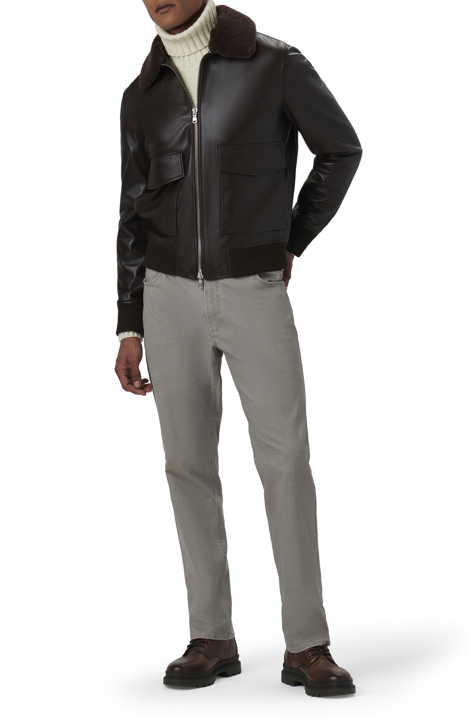Bugatchi Leather Bomber Jacket with Removable Genuine Shearling Collar ...