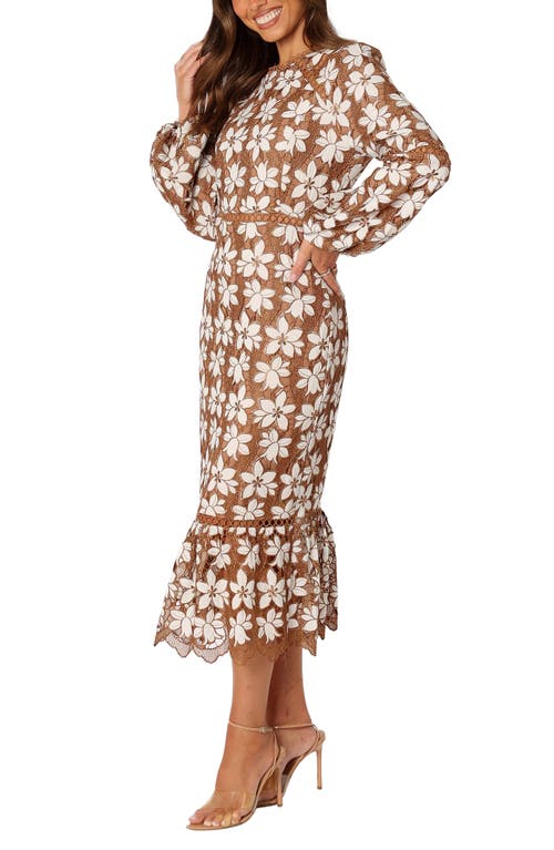 Petal & Pup Pierre Floral Long Sleeve Lace Midi Dress in Mocha at Nordstrom, Size Small