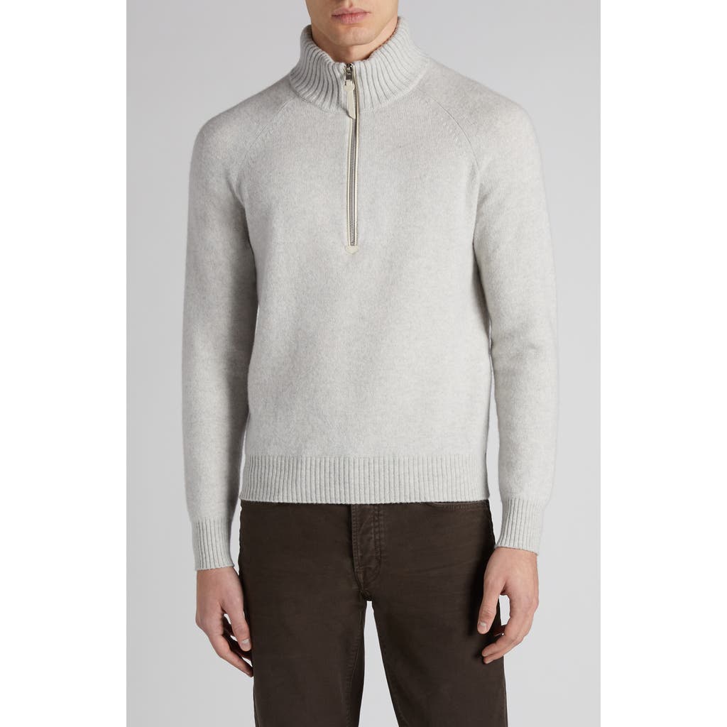 Tom Ford Slim-fit Leather-trimmed Wool And Cashmere-blend Half-zip Sweater In Pale Grey