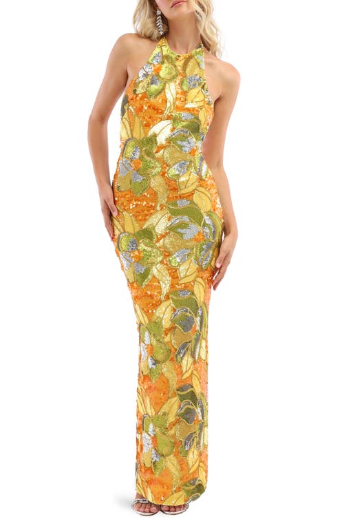 Uma Floral Sequin Halter Neck Sheath Gown in Marigold
