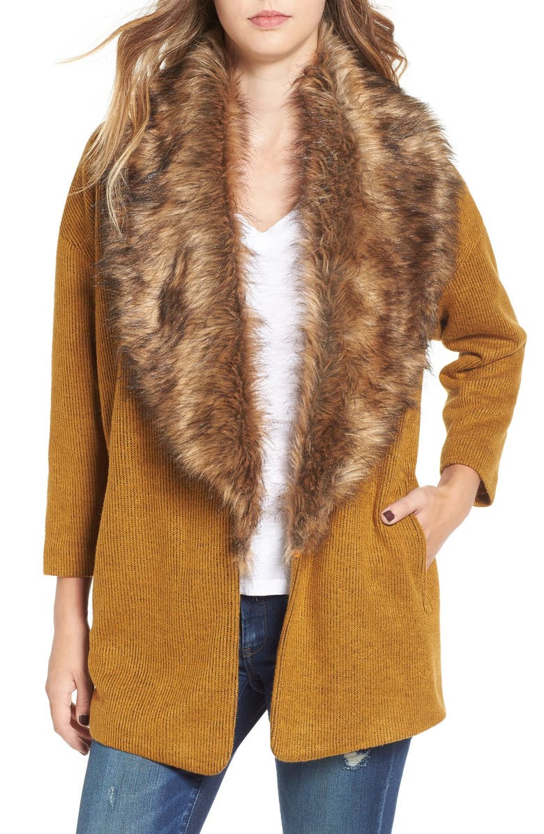 LEITH Open Front Sweater Jacket with Removable Faux Fur Collar, Main, color, BROWN BUCKTHORN