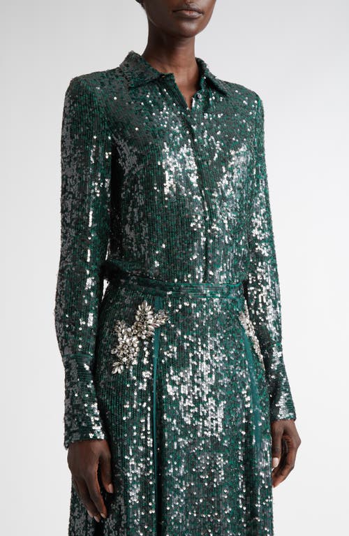 Shop Erdem Sequined Chiffon Button-up Shirt In Dark Green