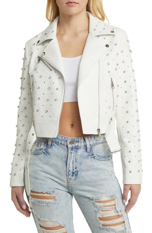 Stud Detail Faux Leather Moto Jacket in White