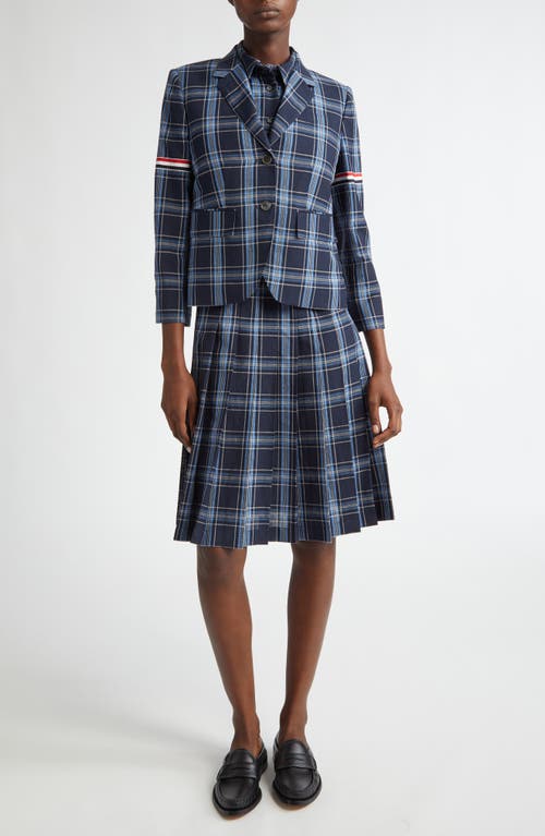 Shop Thom Browne Plaid Belted Wool & Linen Shirtdress In Dark Navy