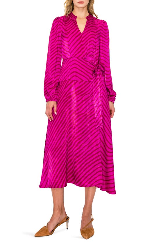 Melloday Wrap Long Sleeve Satin Midi Dress In Magenta