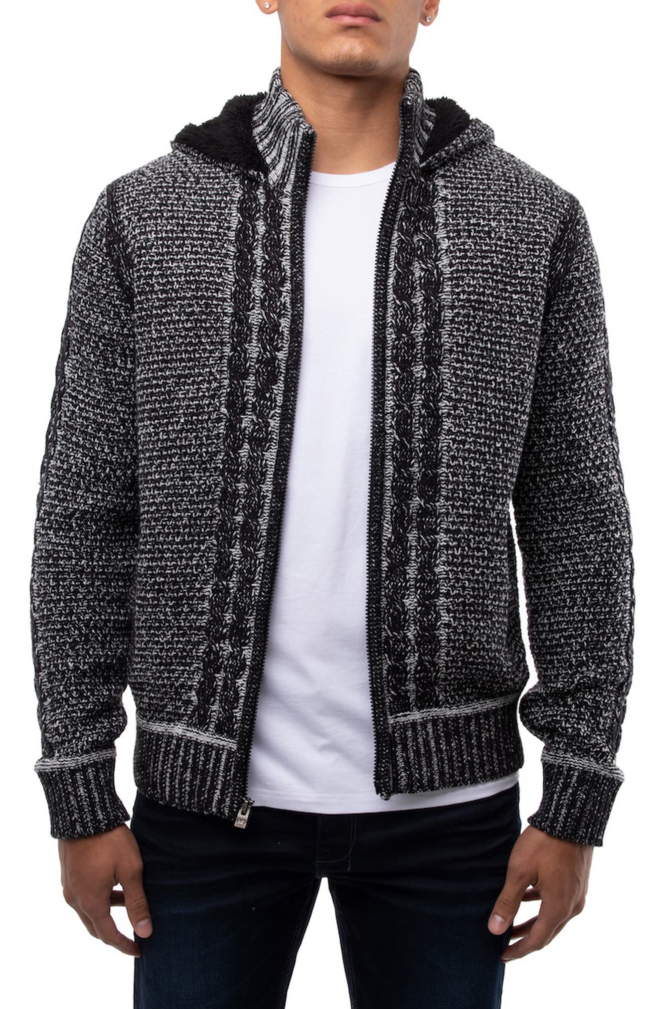 Mens Location Black Synthesis Knitted Jacket Full Zip Cotton Hooded Cardigan 