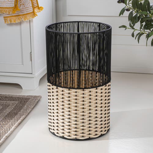 Happimess Harper Modern 2-tone Faux Wicker Cylinder Waste Basket In Black/cream