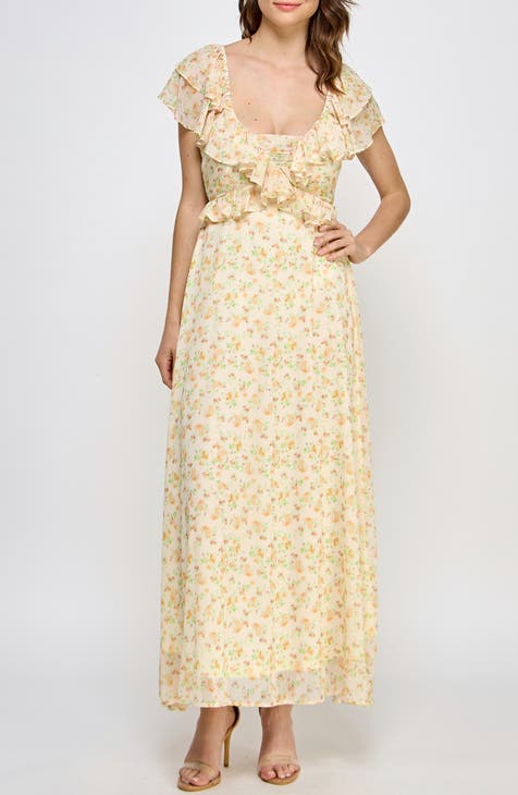 Floral Tie Back Ruffle Maxi Dress