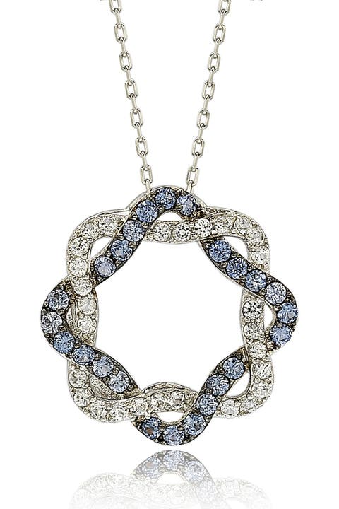 Sterling Silver Blue & White Sapphire & Diamond Accent Whimsical Circle Pendant Necklace - 0.02ct.